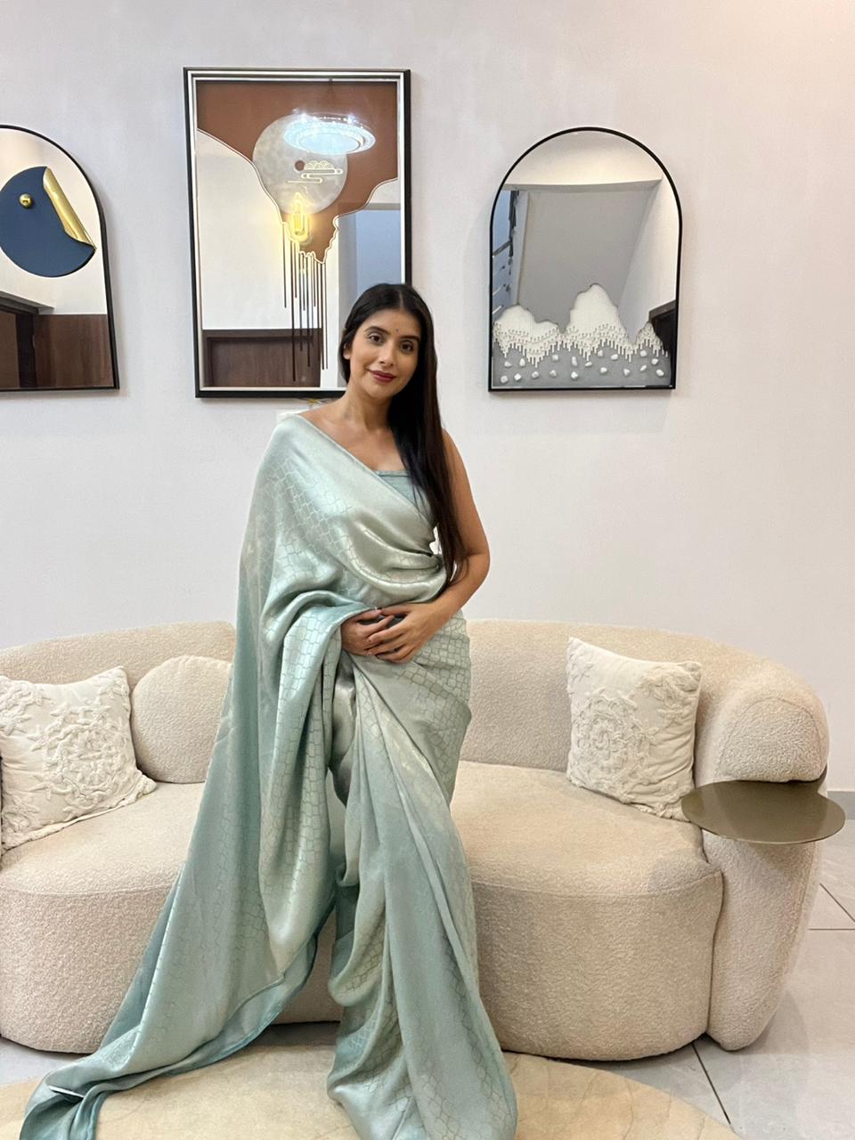 Silver and Pastel Blue Pure Giraffe Silk Saree
