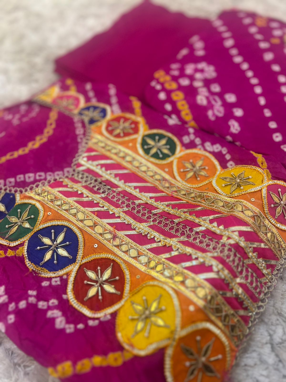 Beautiful Designer Handcrafted Bandhini Suit (Unstitched)