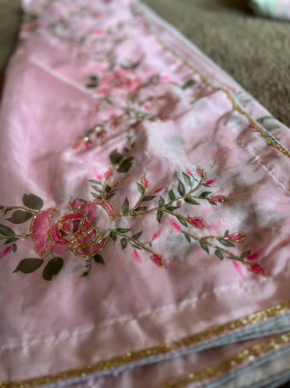 Beautiful Baby Pink Color Pearl Work Organza Saree with Blouse Piece