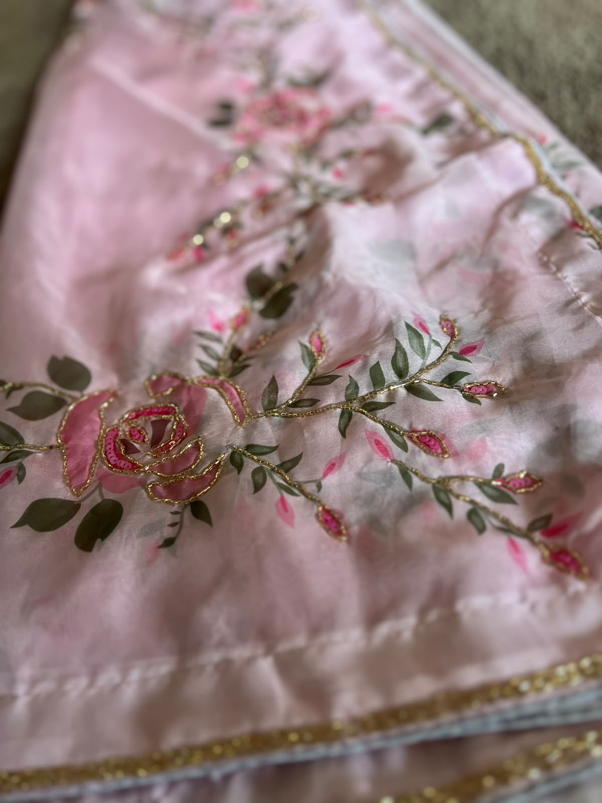 Beautiful Baby Pink Color Pearl Work Organza Saree with Blouse Piece