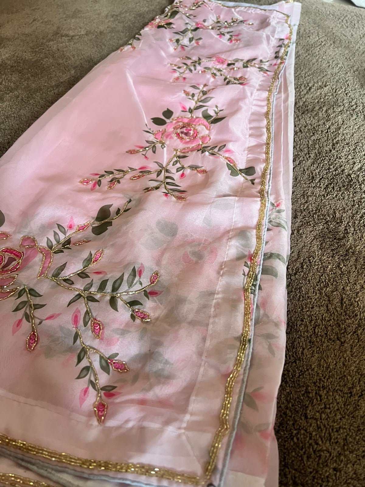 Beautiful Baby Pink Color Pearl Work Organza Saree with Blouse Piece