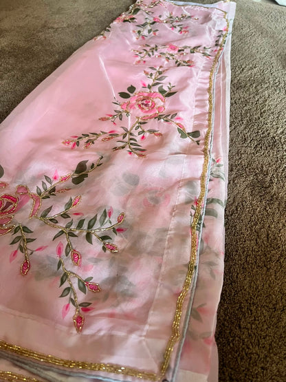 Beautiful Baby Pink Color Pearl Work Organza Saree with Blouse Piece