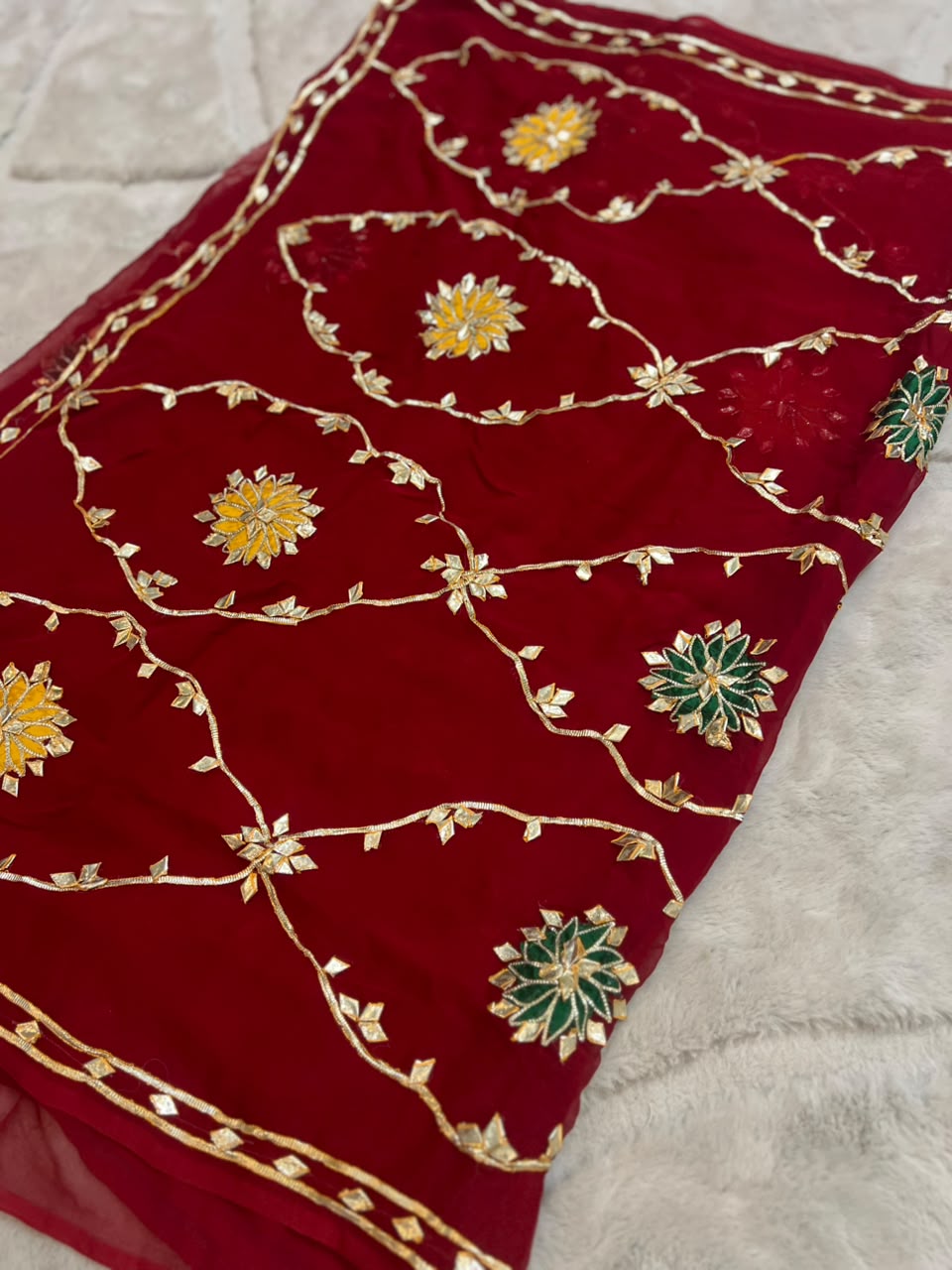 Beautiful Pure Chiffon Gota Zaal Red Saree with Designer Blouse Piece
