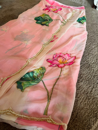 Beautiful Flower Pearl Design Organza Saree with Blouse Piece