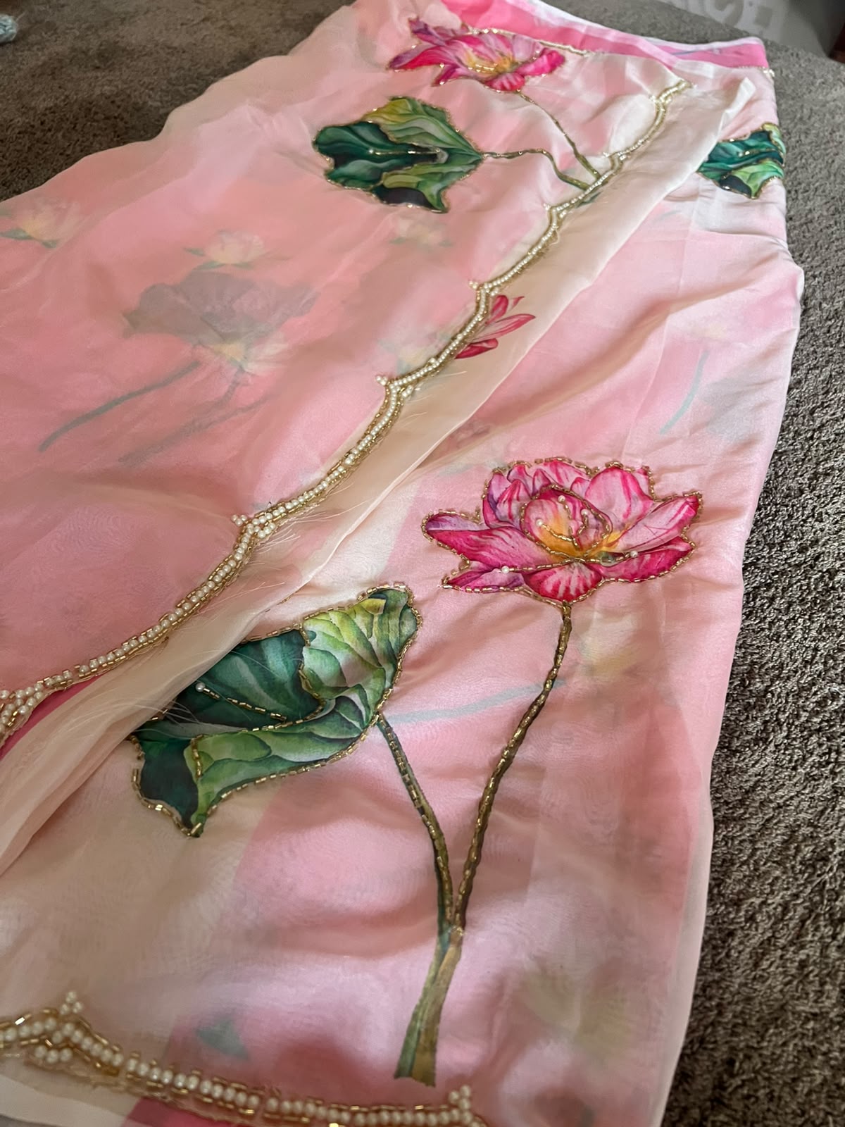 Beautiful Flower Pearl Design Organza Saree with Blouse Piece