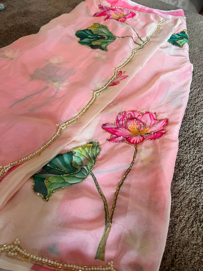 Beautiful Flower Pearl Design Organza Saree with Blouse Piece