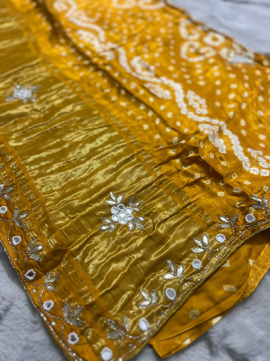Pure Gajji Modal Silk Saree with Hand Bandhini and Hand Gota Work Saree with Same Fabric & Work Blouse Piece