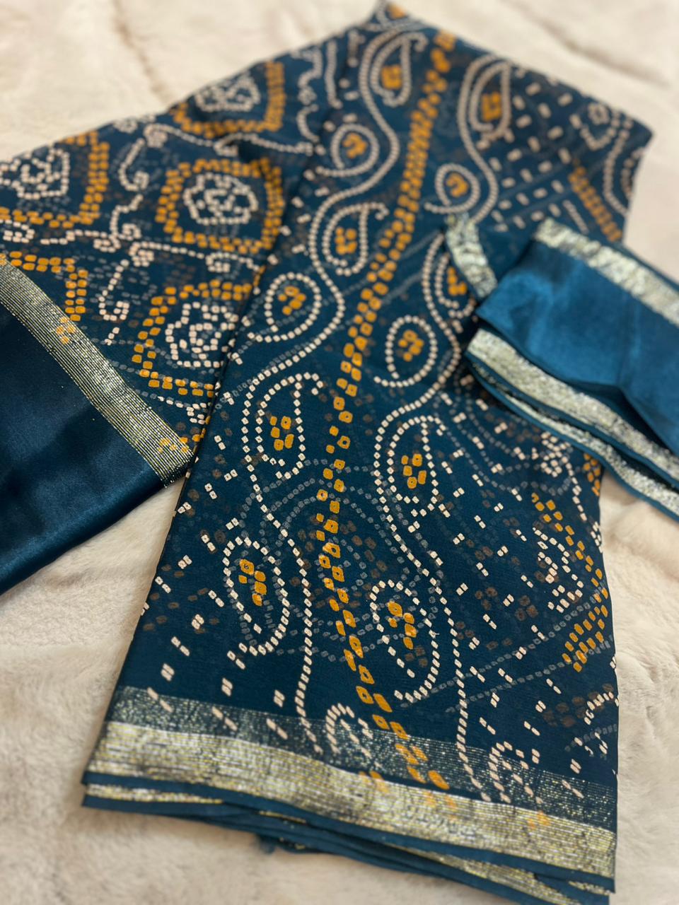 Pure Gerogette Bandhini Saree with Satin Border and Same Blouse Piece