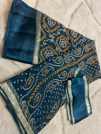 Pure Gerogette Bandhini Saree with Satin Border and Same Blouse Piece