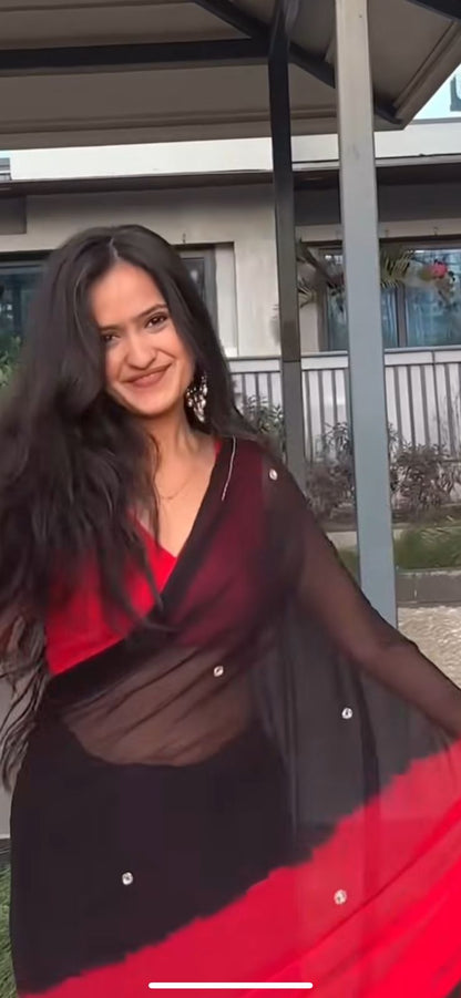 Red and Black Shaded Soft Chiffon Boota Work Saree with Same Fabric Blouse Piece