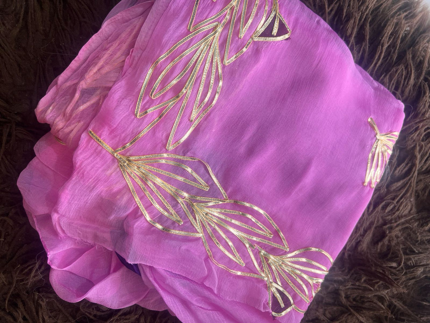 Pink Gota Work Chiffon Saree with Purple Blouse Piece