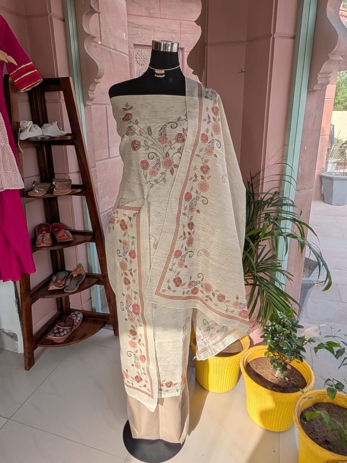 Khadi Handloom Suit Thread Work (Unstitched)