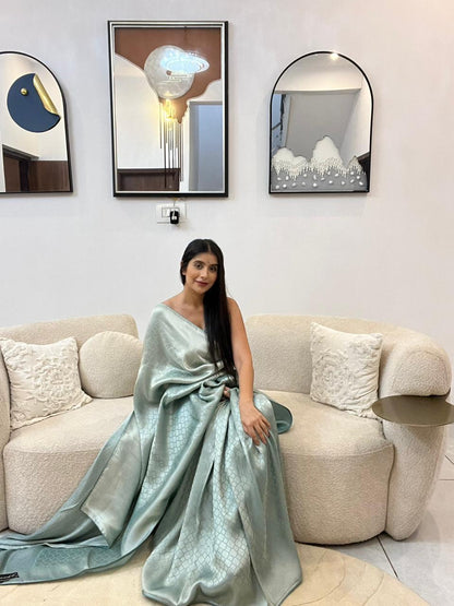 Silver and Pastel Blue Pure Giraffe Silk Saree