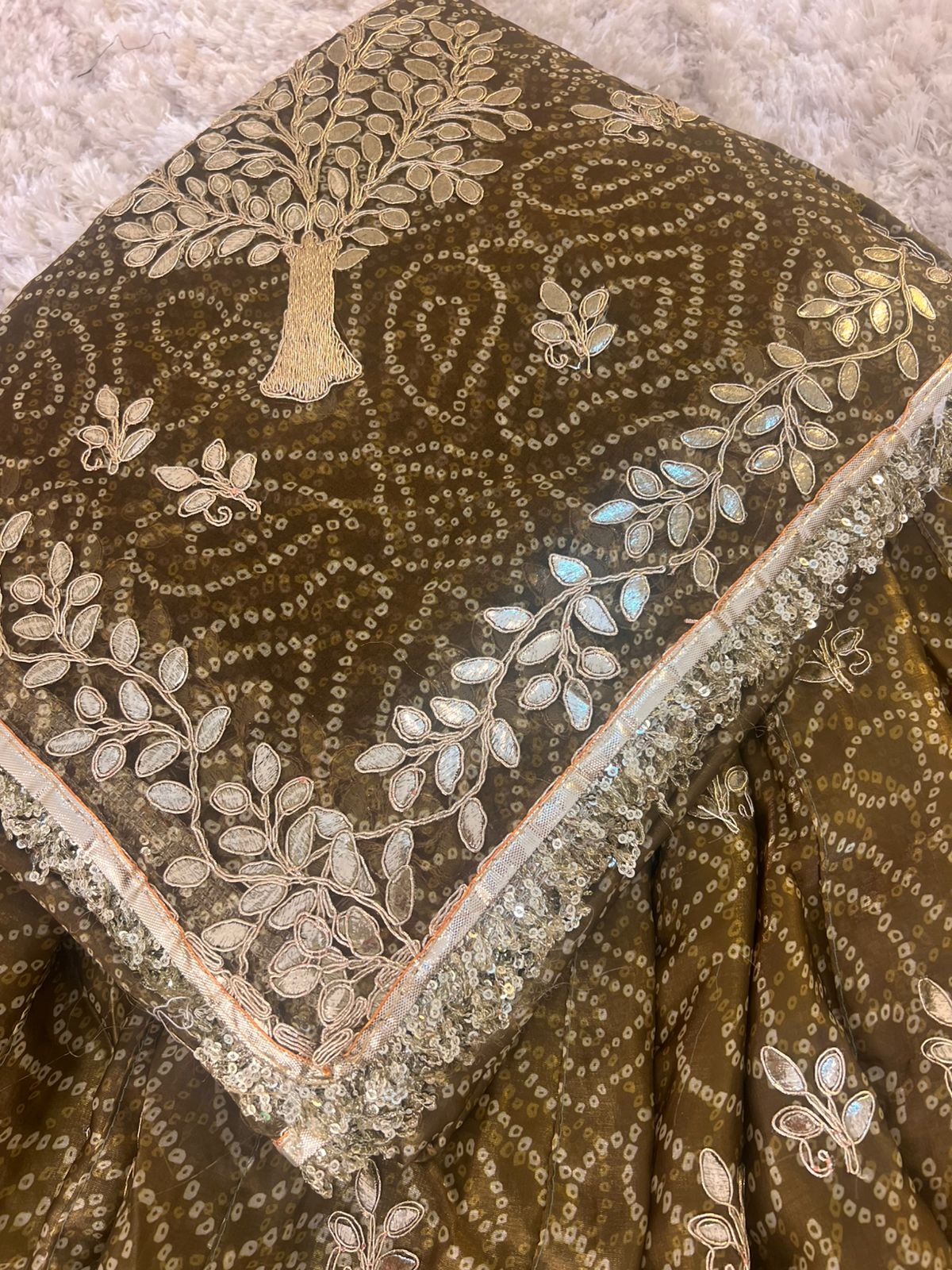 Bandhini with Gota Patti Work Full Ghera Mehendi Green Poshak (Unstitched)