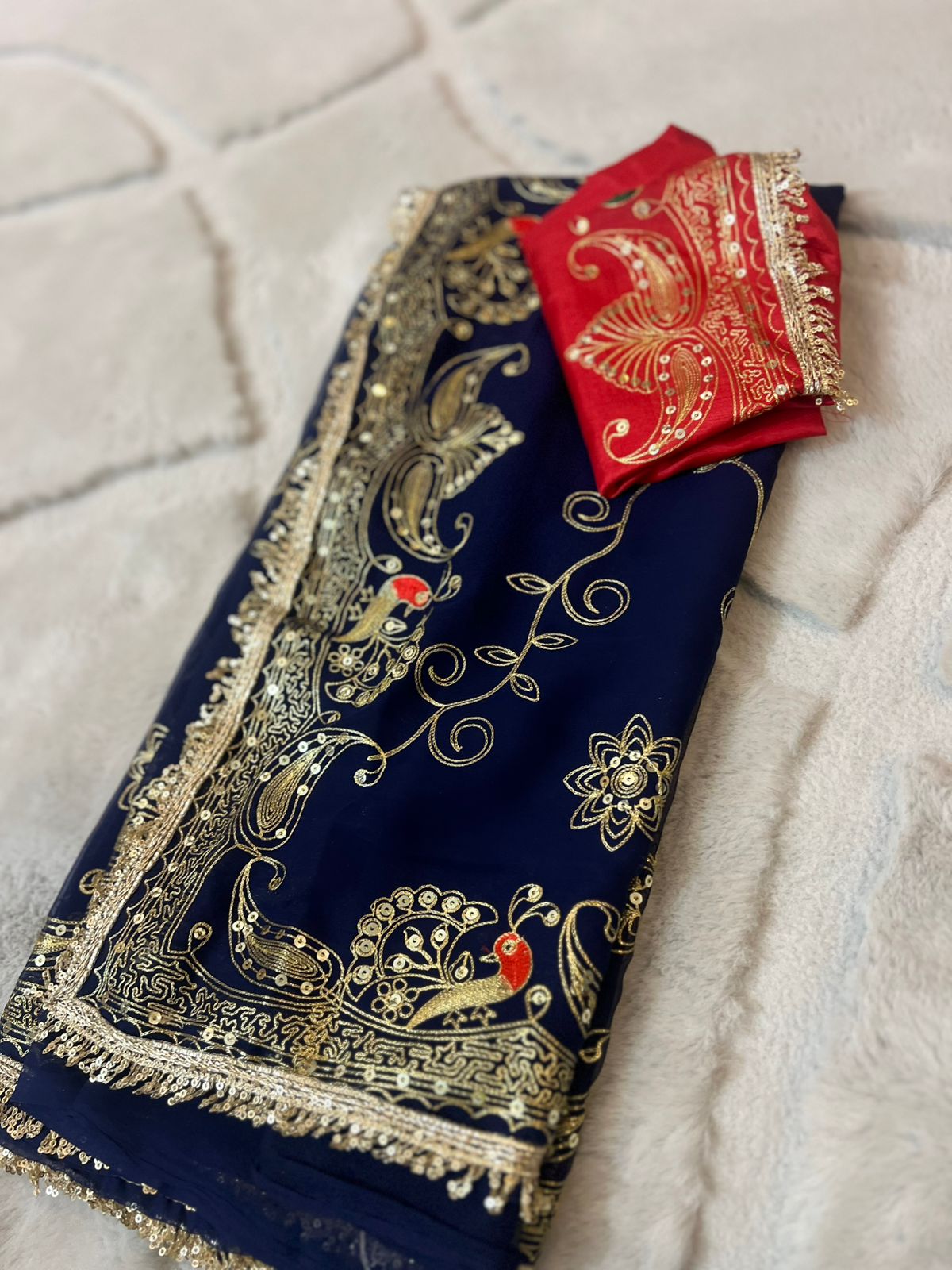 Royal Blue Color Baarik Kadhai Rajpooti Saree