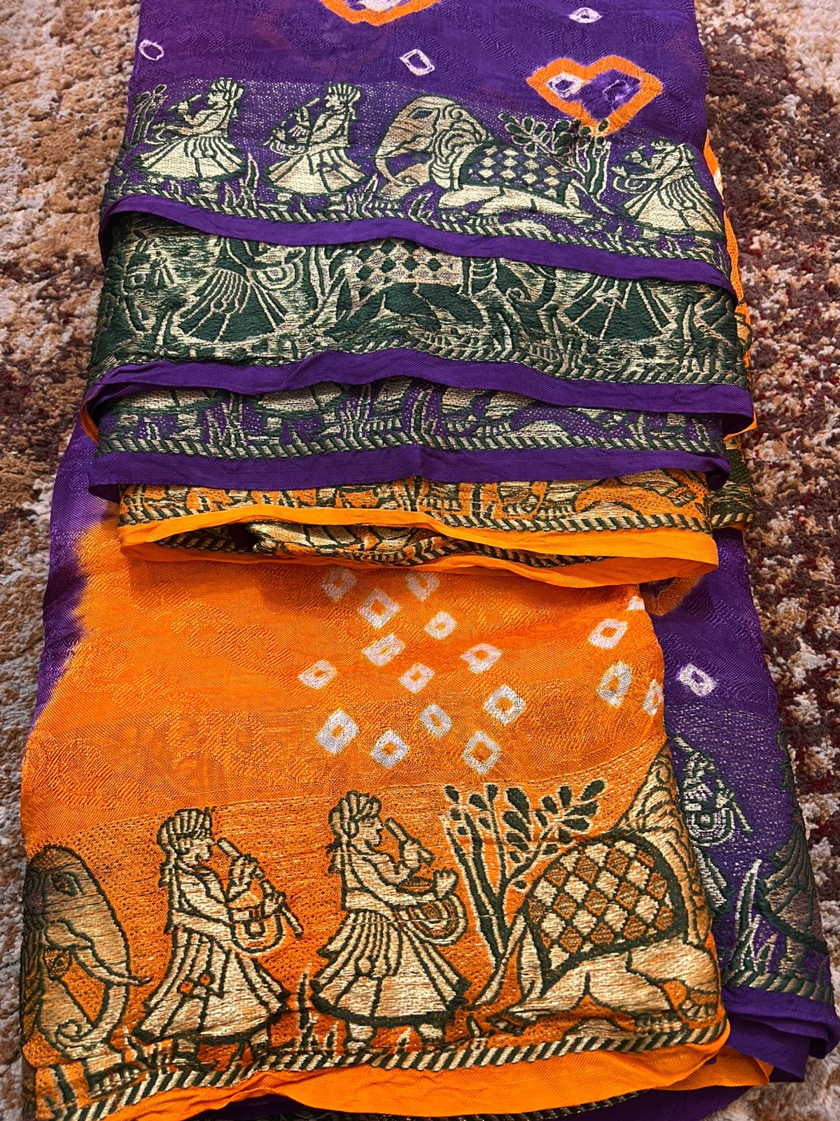 Orange and Purple Bandhini Saree with Beautiful Zari Border and Same Fabric Running Blouse