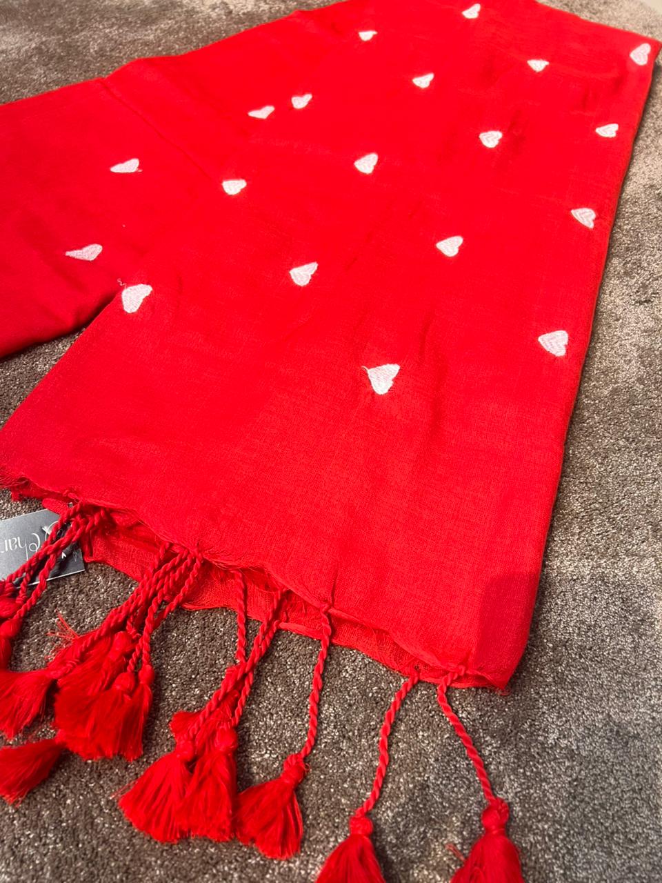 Beautiful Red Color Saree with Heart Shape Thread Work