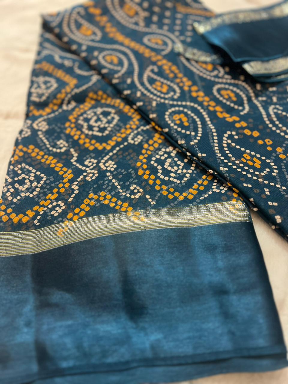 Pure Gerogette Bandhini Saree with Satin Border and Same Blouse Piece