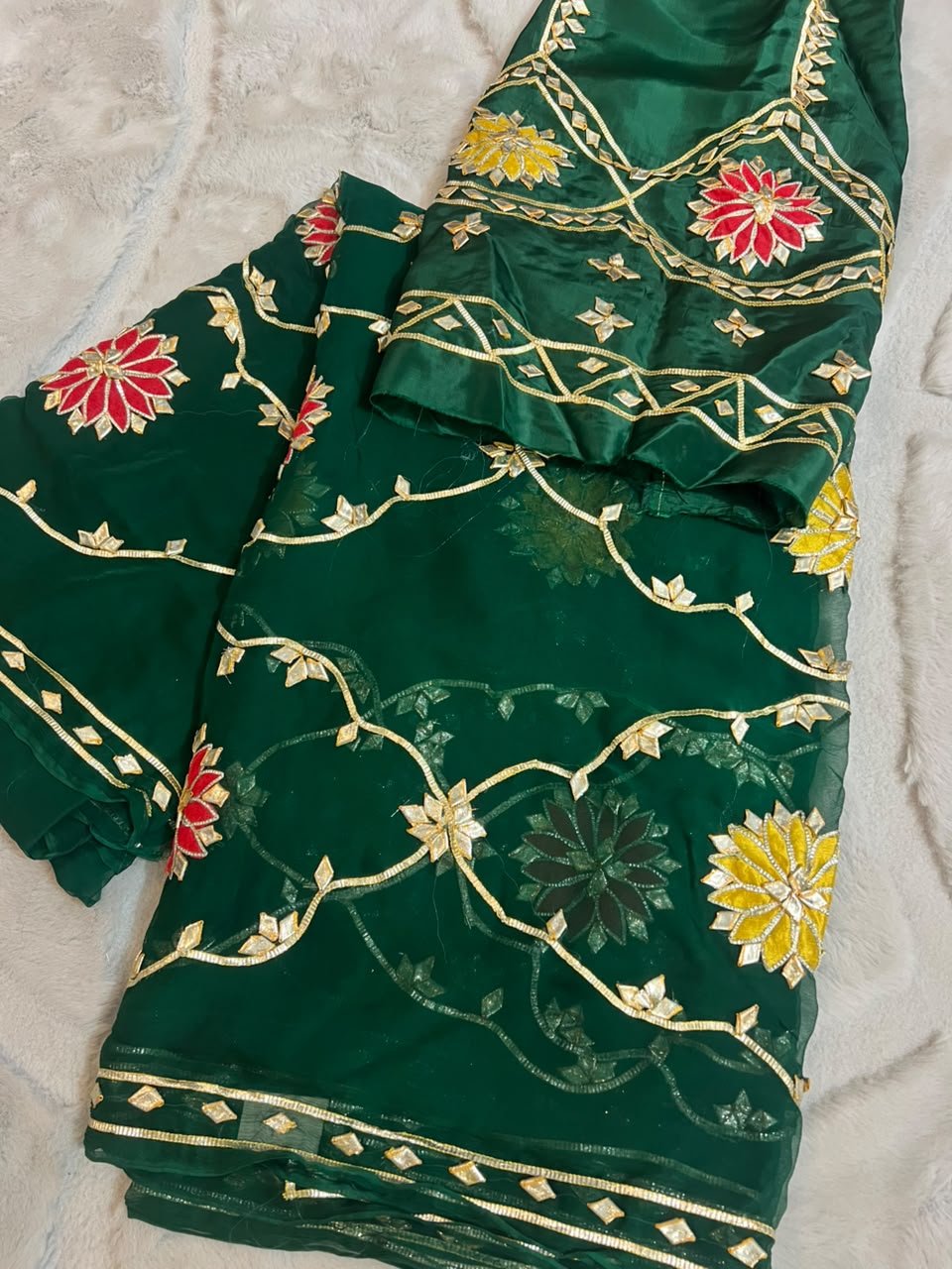 Beautiful Pure Chiffon Gota Zaal Green Saree with Designer Blouse Piece
