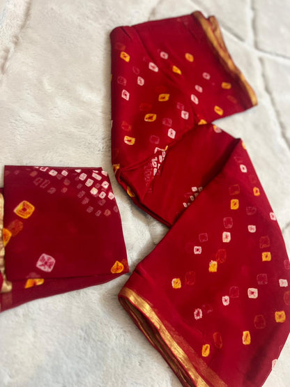 Pure Chiffon Hand Bandhini Saree with Blouse Piece