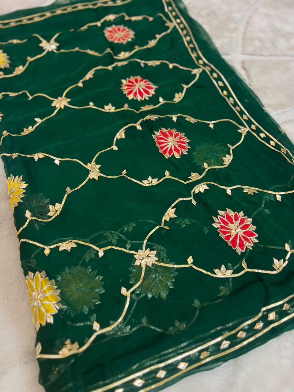Beautiful Pure Chiffon Gota Zaal Green Saree with Designer Blouse Piece