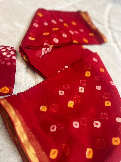 Pure Chiffon Hand Bandhini Saree with Blouse Piece