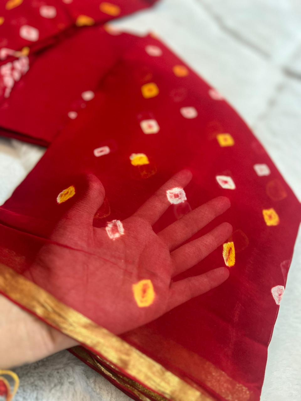 Pure Chiffon Hand Bandhini Saree with Blouse Piece