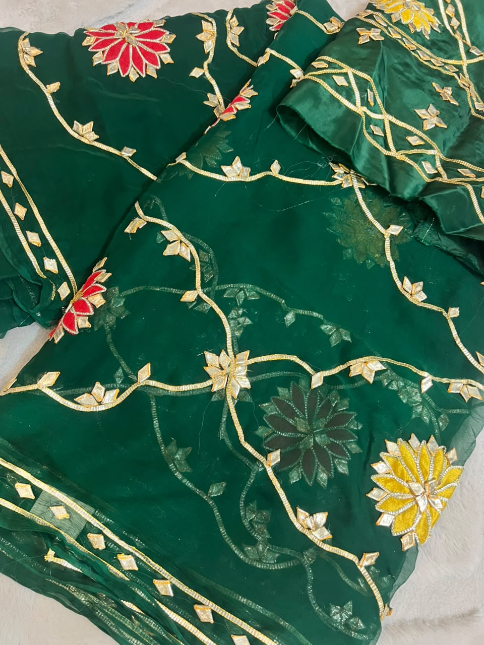 Beautiful Pure Chiffon Gota Zaal Green Saree with Designer Blouse Piece