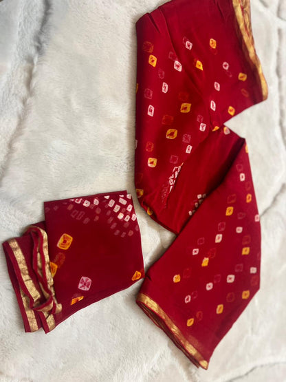 Pure Chiffon Hand Bandhini Saree with Blouse Piece