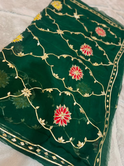 Beautiful Pure Chiffon Gota Zaal Green Saree with Designer Blouse Piece
