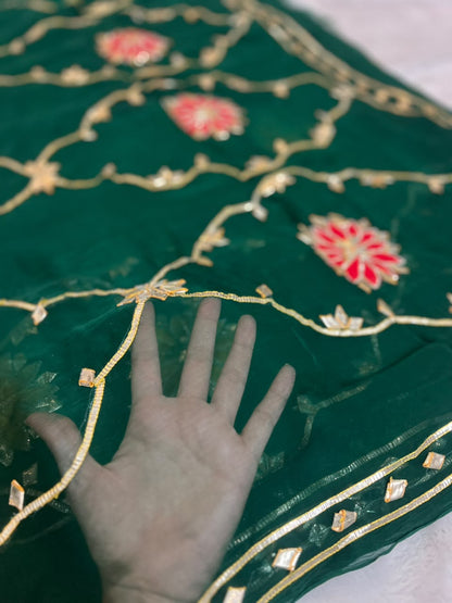 Beautiful Pure Chiffon Gota Zaal Green Saree with Designer Blouse Piece