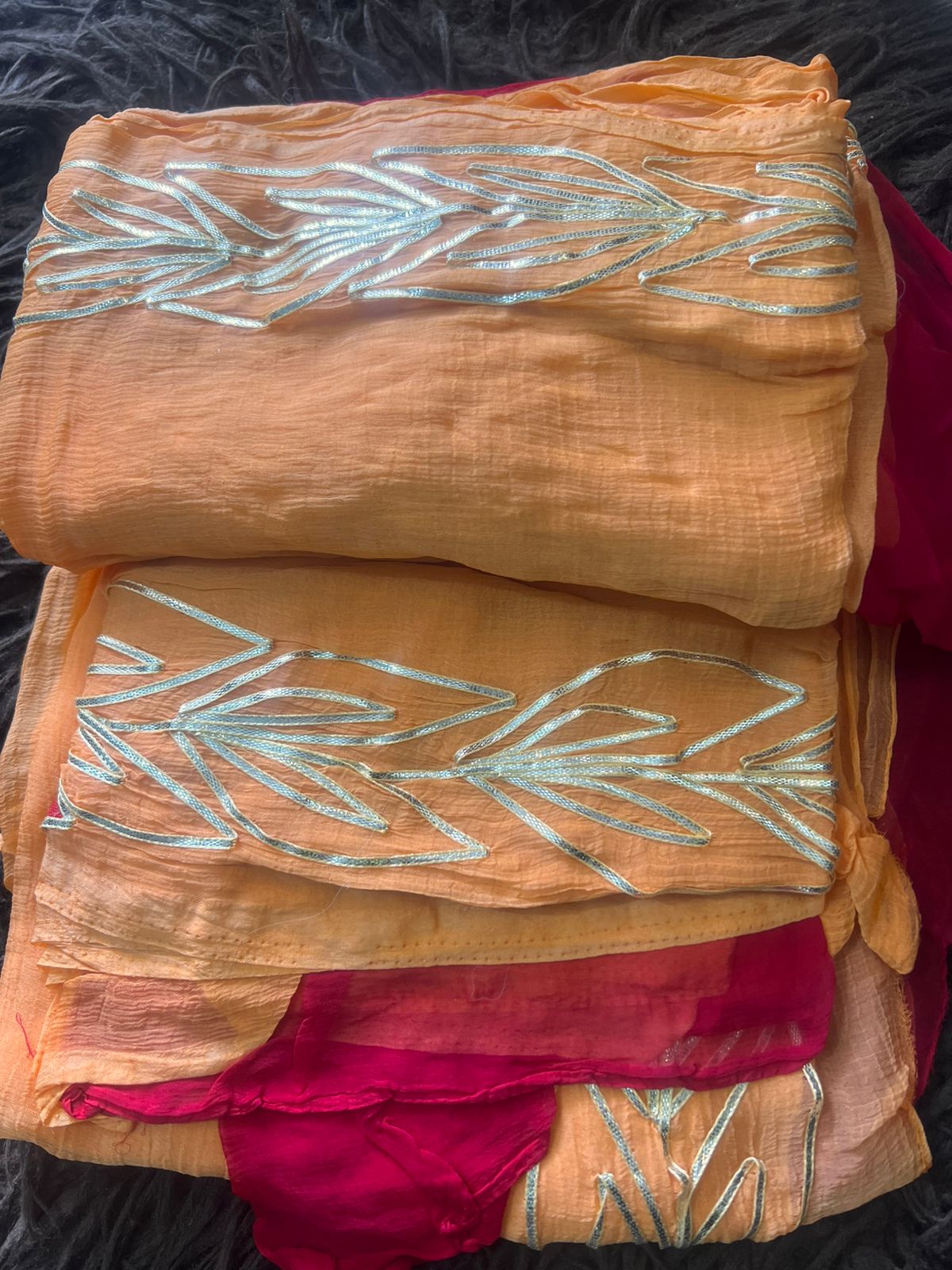 Peach-Orange Color Gota Work Chiffon Saree with Red Blouse Piece