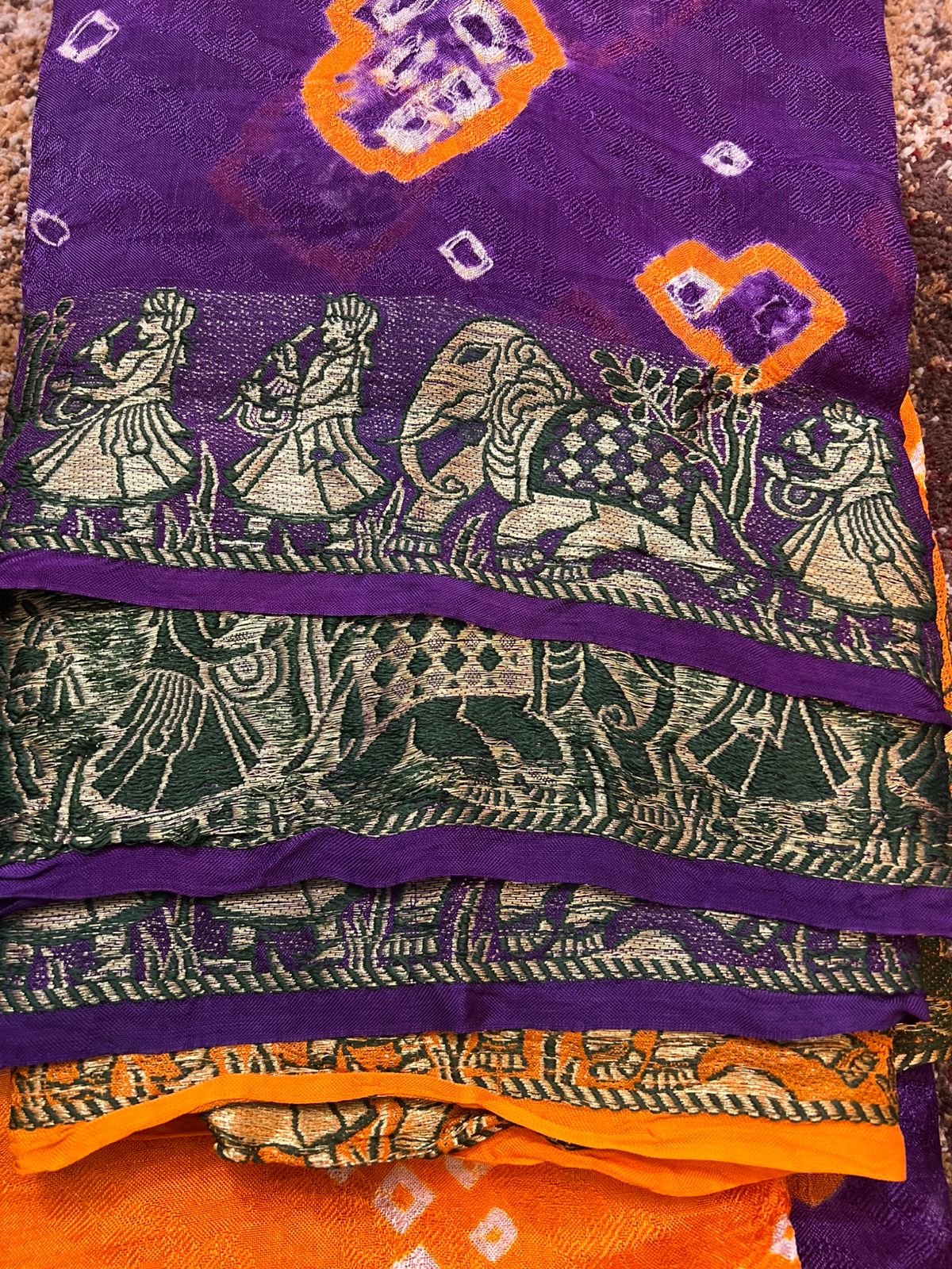 Orange and Purple Bandhini Saree with Beautiful Zari Border and Same Fabric Running Blouse