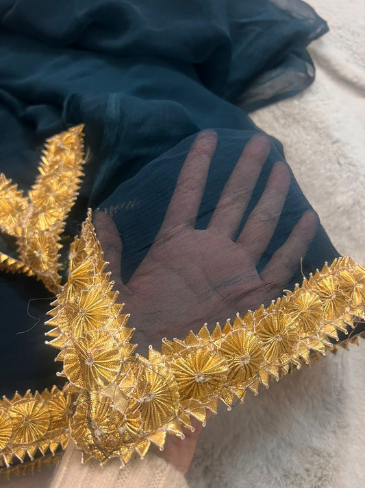 Navy Blue Pure Chiffon Saree with Beautiful Rajasthani Border and Pure Crêpe Blouse Piece