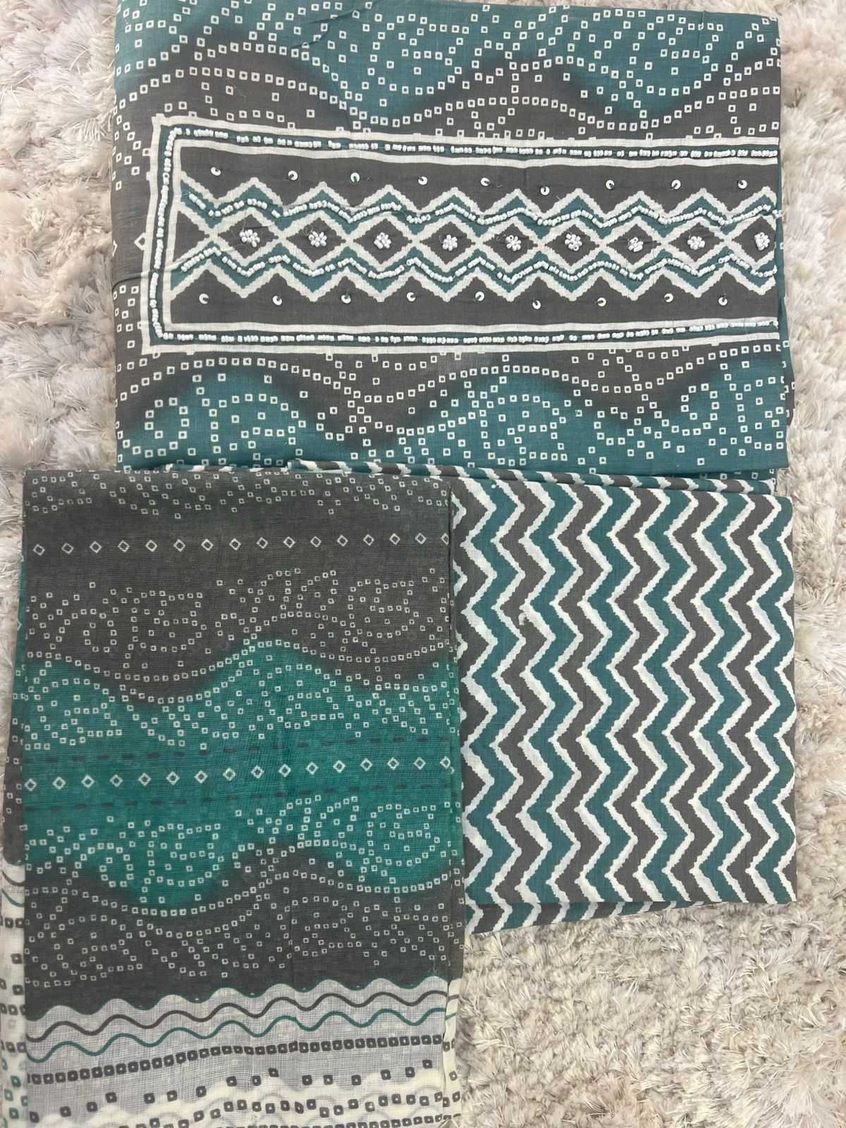 Bandhini Printed Suit with Mal Mal Duppatta (Unstitched)