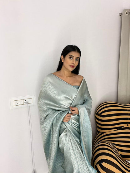 Silver and Pastel Blue Pure Giraffe Silk Saree