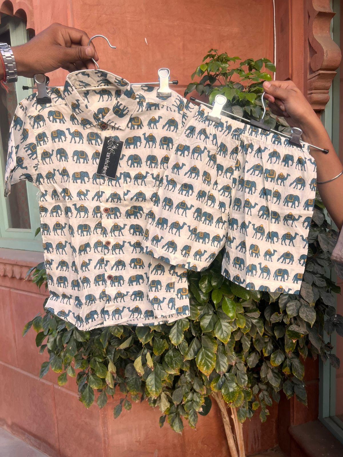 Beautiful Off White Color Camel-Elephant Print Cotton Set