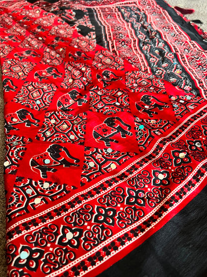 Beautiful Red & Black Mirror Work Designer Modal Silk Saree with Blouse Piece
