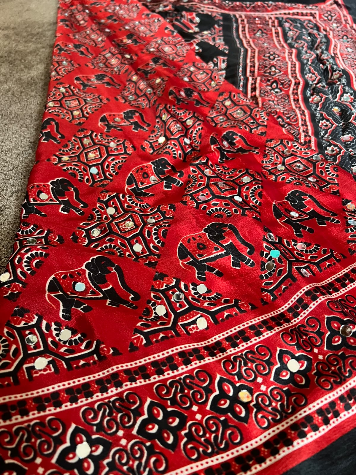 Beautiful Red & Black Mirror Work Designer Modal Silk Saree with Blouse Piece