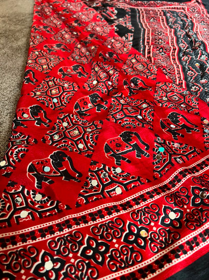 Beautiful Red & Black Mirror Work Designer Modal Silk Saree with Blouse Piece