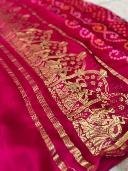 Pure Gaji Silk Pink Color Bandhini Saree with Heavy Zari Pallu and Same Fabric Blouse Piece