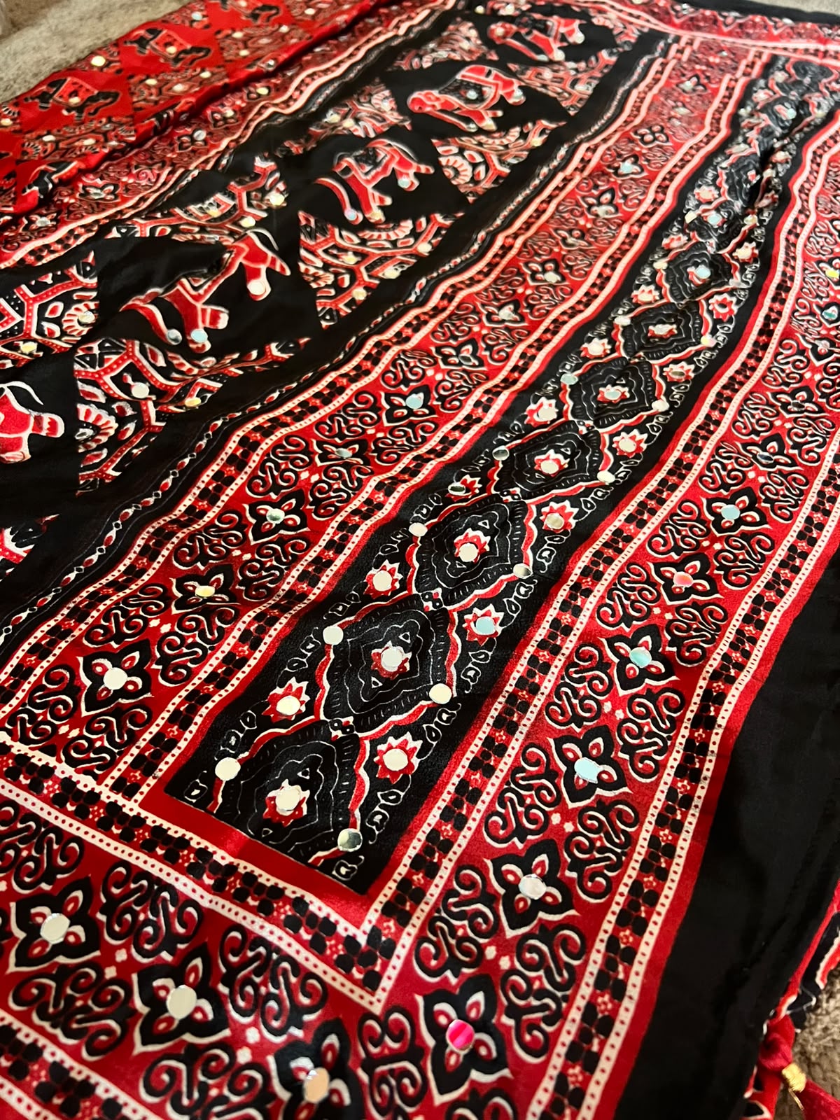 Beautiful Red & Black Mirror Work Designer Modal Silk Saree with Blouse Piece