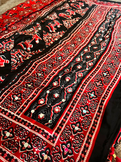 Beautiful Red & Black Mirror Work Designer Modal Silk Saree with Blouse Piece