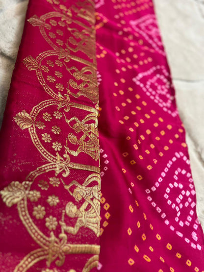 Pure Gaji Silk Pink Color Bandhini Saree with Heavy Zari Pallu and Same Fabric Blouse Piece
