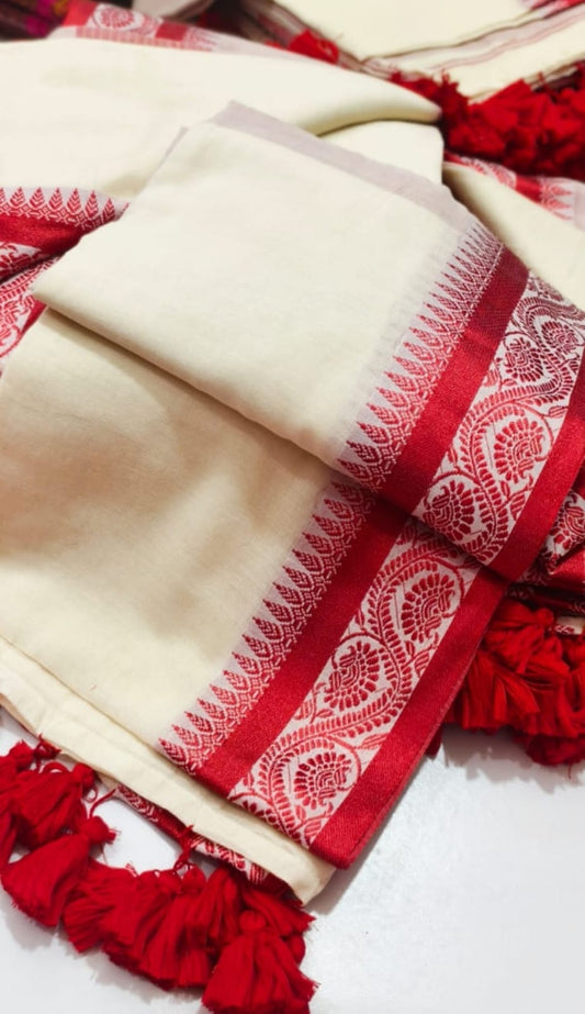 Durga Puja Special Red and White Pure Malmal Cotton Saree with Velvet Border and Running Blouse Piece
