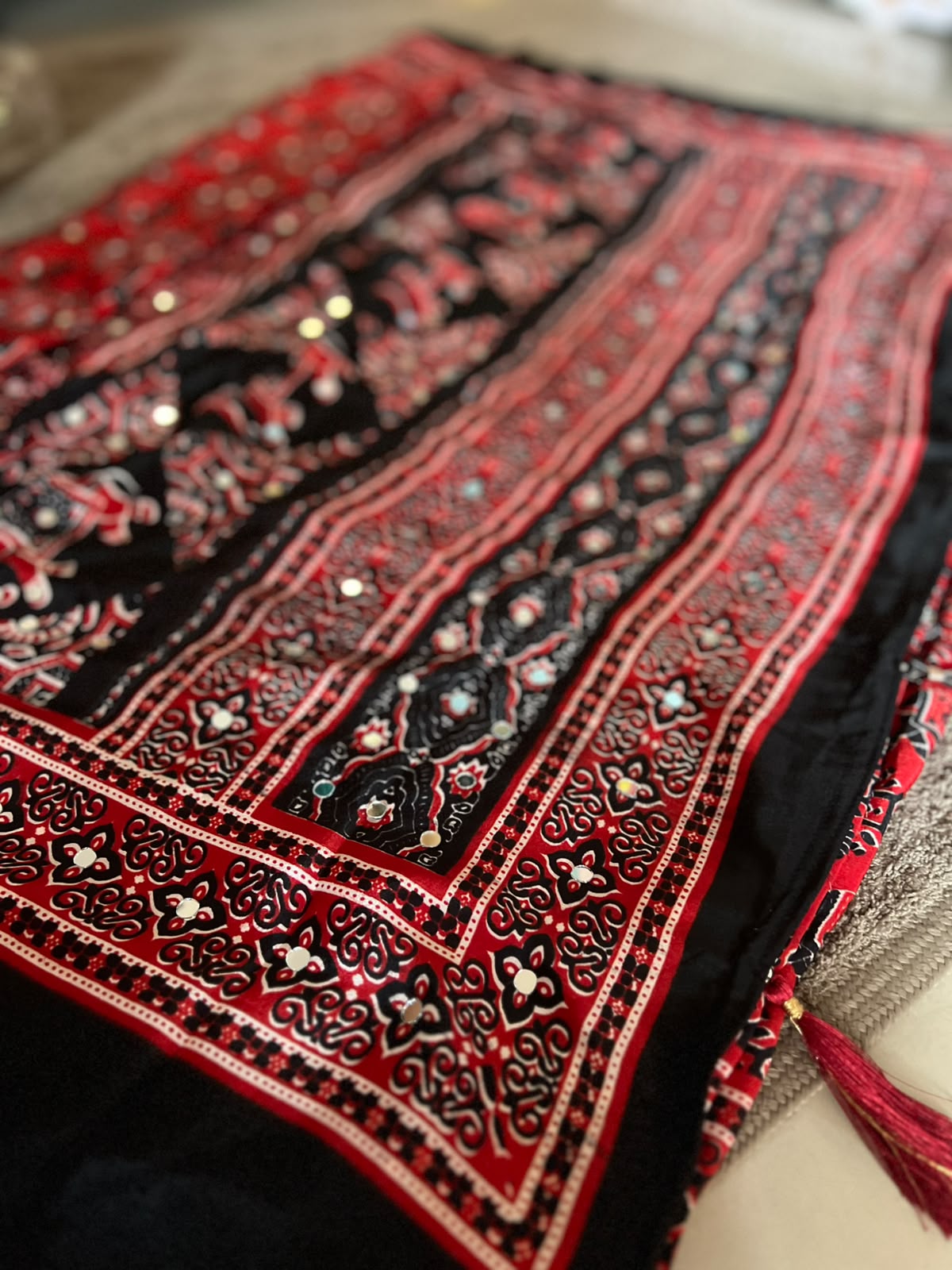 Beautiful Red & Black Mirror Work Designer Modal Silk Saree with Blouse Piece