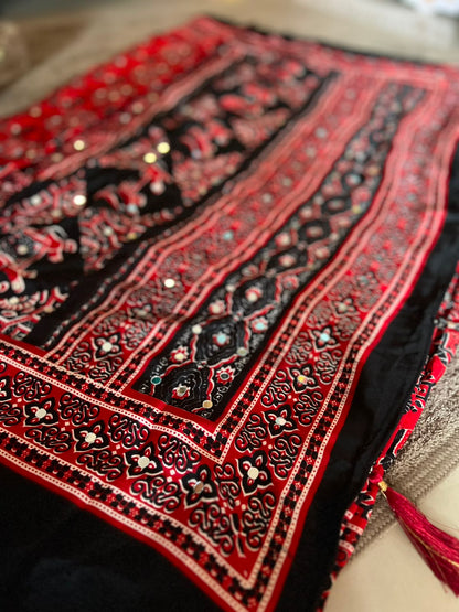 Beautiful Red & Black Mirror Work Designer Modal Silk Saree with Blouse Piece