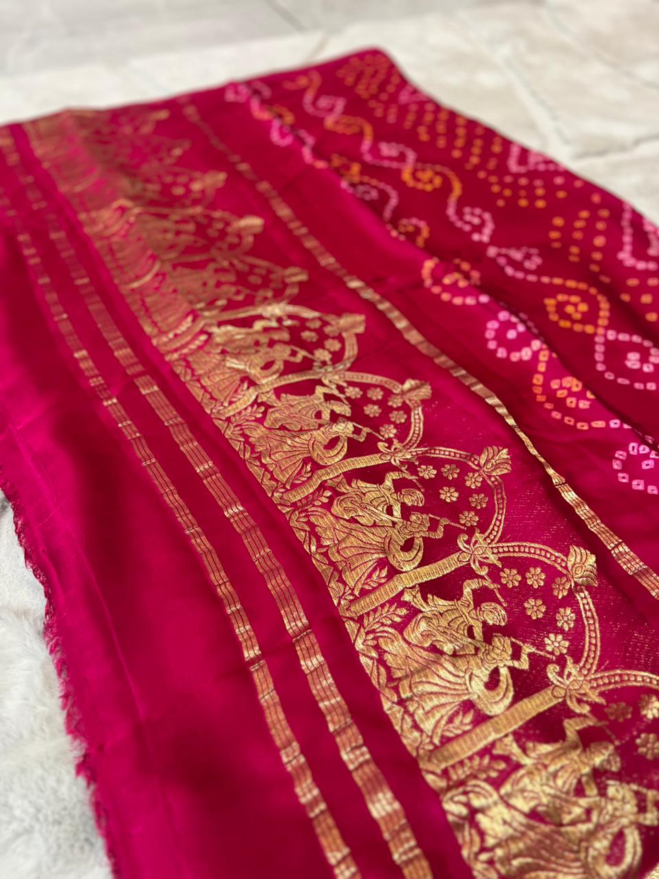 Pure Gaji Silk Pink Color Bandhini Saree with Heavy Zari Pallu and Same Fabric Blouse Piece