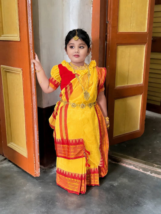 Beautiful Red and Yellow Baby Saree with Ready Blouse (3-7 Years)