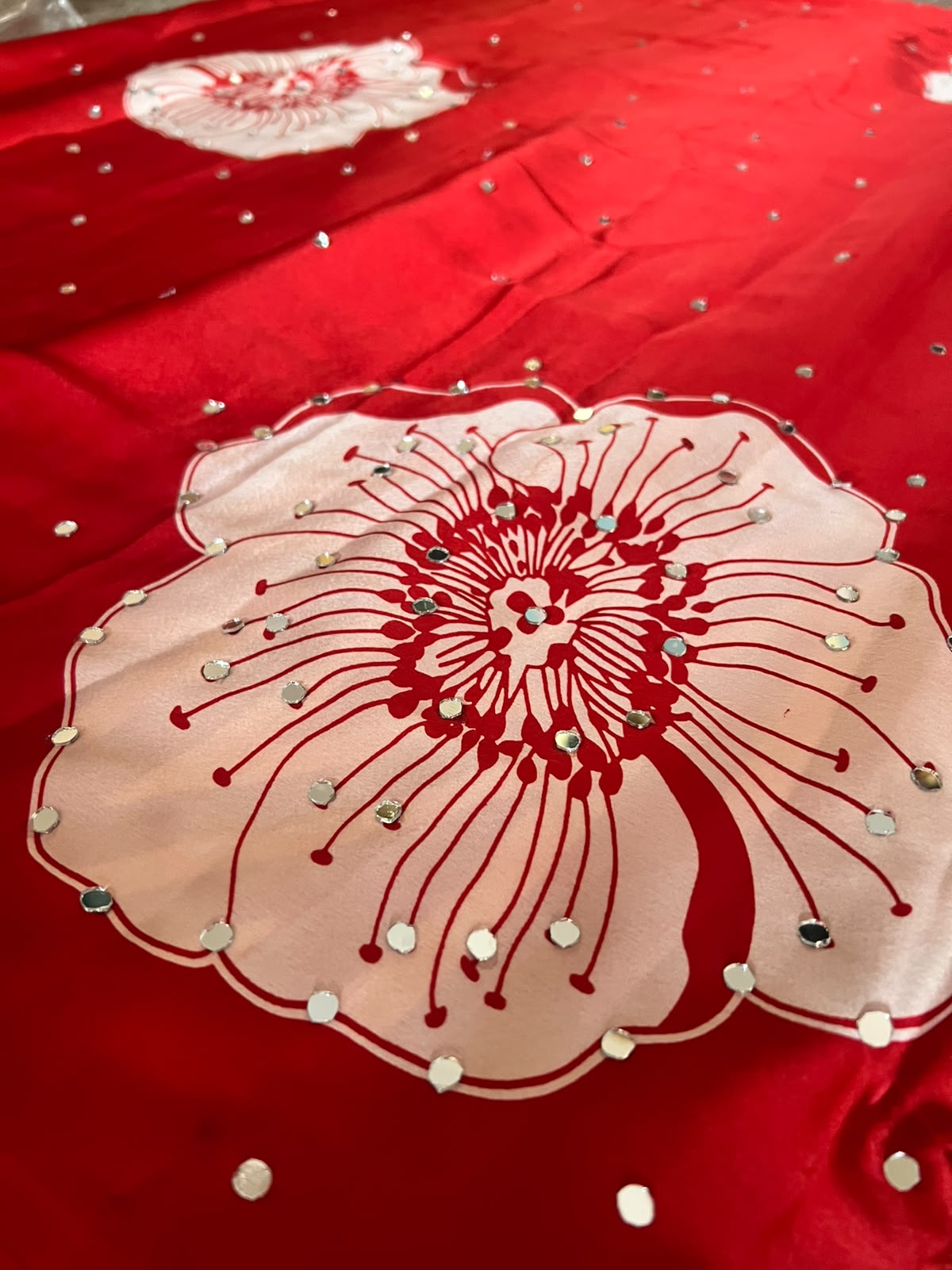 Beautiful Red Color Flower Design and Mirror Work Saree with Blouse Piece